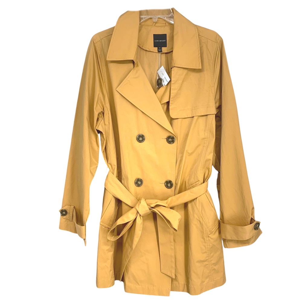 NWT Lane Bryant Sz 18 Golden Tan Short Trench Coat Belted Double Breasted - Picture 2 of 9